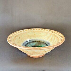Hand Made Pottery Dish Bowl With Recycle Crystalline‎ Glass Center Dots Center